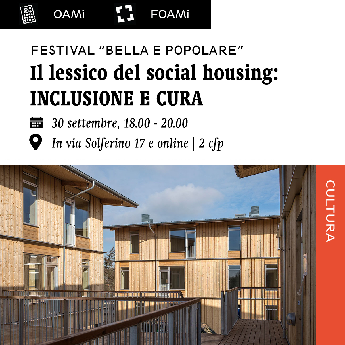 OAMi_FOAMi's tweet photo. #OAMi #FOAMi #Cultura
#Inclusione e #Cura: il 30 settembre, ultimo incontro del ciclo sul #SocialHousing. Si parlerà di #cooperazione, #sostenibilità e impatto sociale dell'#architettura. #Online e in sede alle 18.00.
2 cfp agli #architetti.
Per info⤵️
https://t.co/O91JVTw3wV https://t.co/RPsfM59F7a
