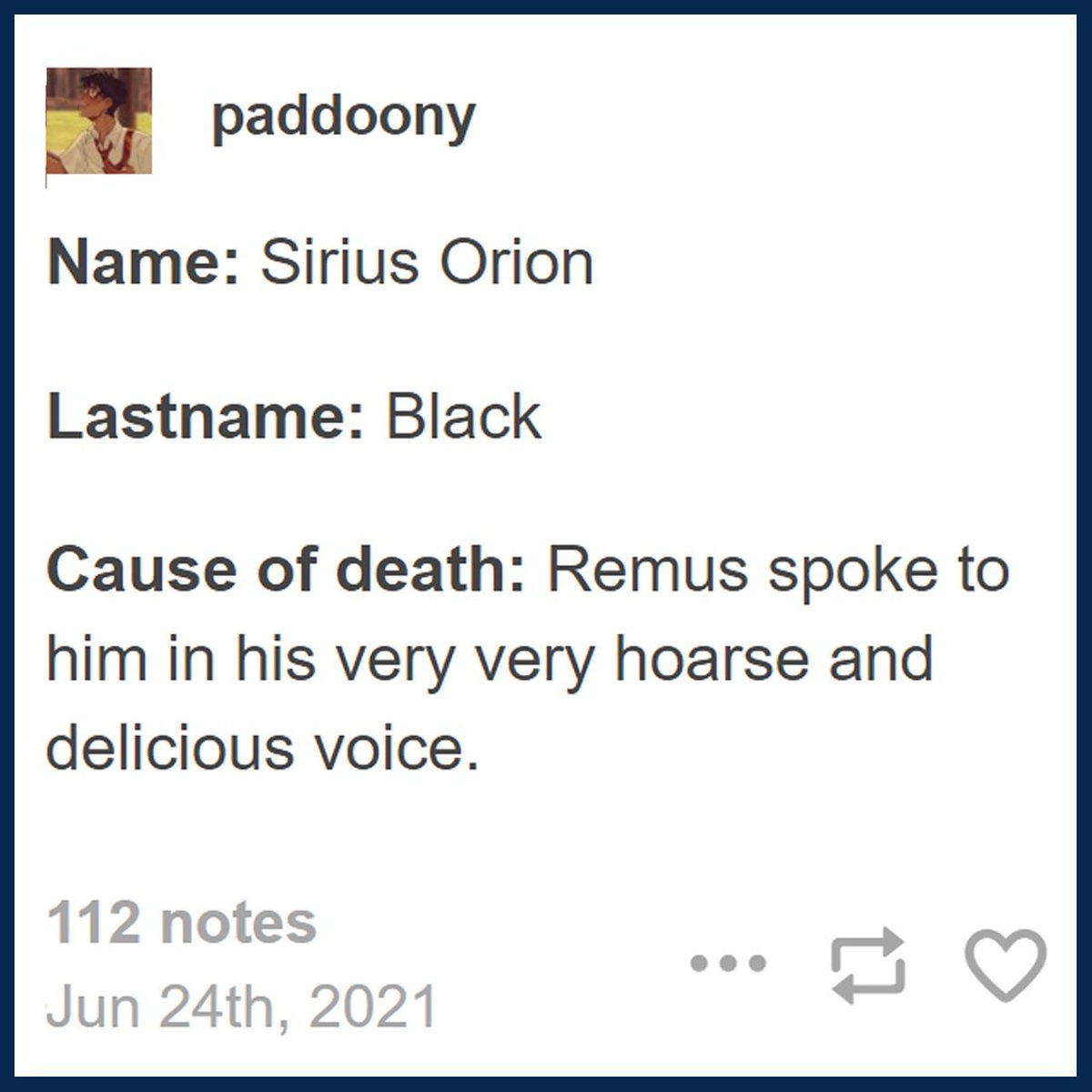 MuggleNet's tweet photo. From what we know, here's the reason why Sirius Black passed away. How tragic ๐คง
May he rest in peace ๐๐
#MuggleNetMemes #SiriusOrionBlack #Wolfstar #HarryPotter #HarryPotterMemes https://t.co/iYLDXeNNZN
