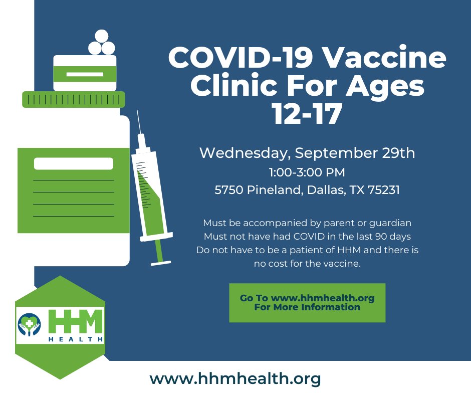 Do you or someone you know still need their COVID vaccine? HHM Health has walk-in COVID-19 vaccine clinics available for ages 12 and up. Check the schedule and find a day and time that works best for you. #CommunityHealthCenter #COVIDvaccine