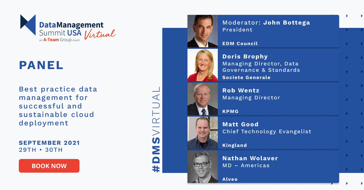 DataMgmtInsight's tweet photo. Data Management Summit Virtual is just 2 days away!
Join us to hear from this panel on best practice data management for successful and sustainable cloud deployment
https://t.co/Rwdc6nrAwW
#DMSVirtual @edmcouncil @SocieteGenerale @KPMG @KinglandSystems @alveotechnology https://t.co/YdGtdetask
