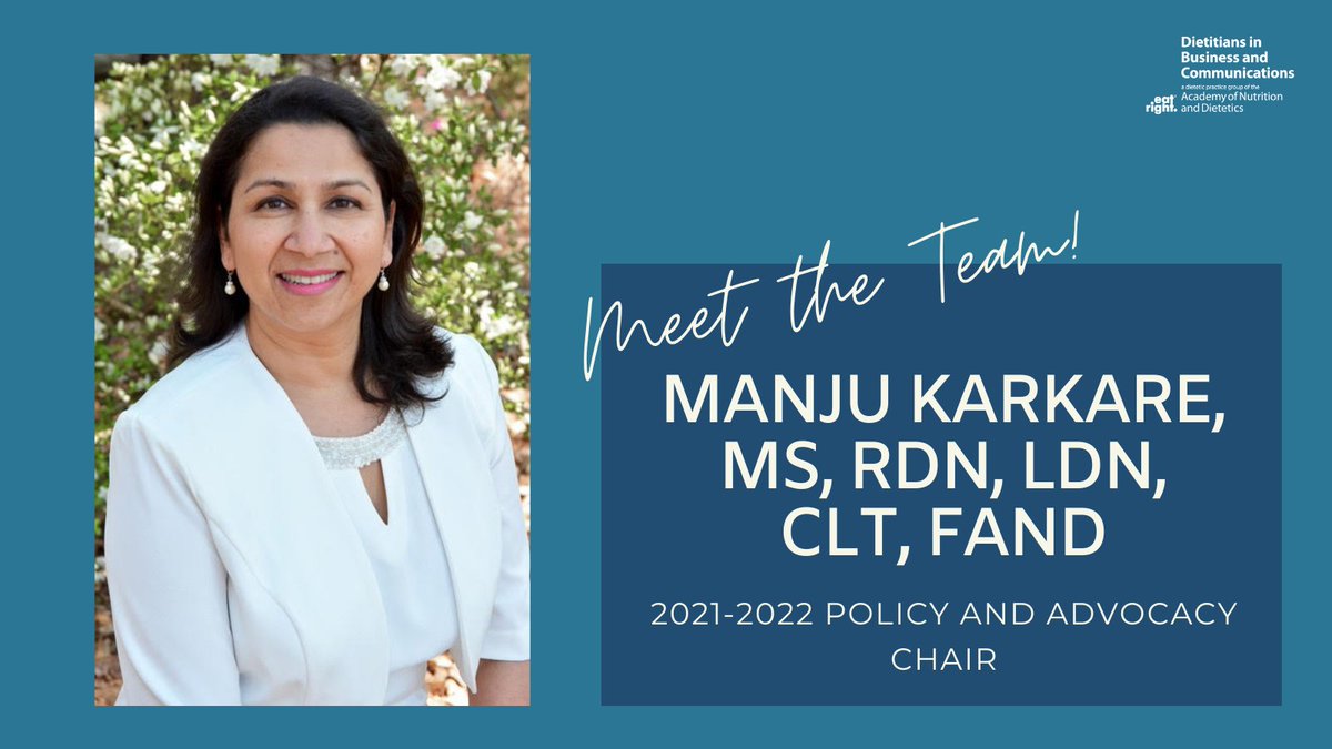 DBCDPG's tweet photo. Welcome Manju Karkare MS RDN LDN CLT FAND as '21-22 DBC Policy &amp; Advocacy Chair! A nationally recognized leader, mentor &amp; activist Manju has vast dietetics experience from acute care &amp; public health nutrition to corporate wellness &amp; private practice.

#RDchat #EatRightPRO #DBCDPG https://t.co/bY6FPjDTuU