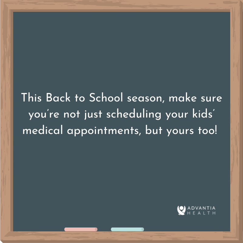 AdvantiaHealth's tweet photo. This #BackToSchool season, make sure you’re not just scheduling your kids’ medical appointments, but yours too! Schedule an appointment &amp; check-in with an Advantia provider near you: https://t.co/yVsOYLB2VL https://t.co/EP8yNbQAn4