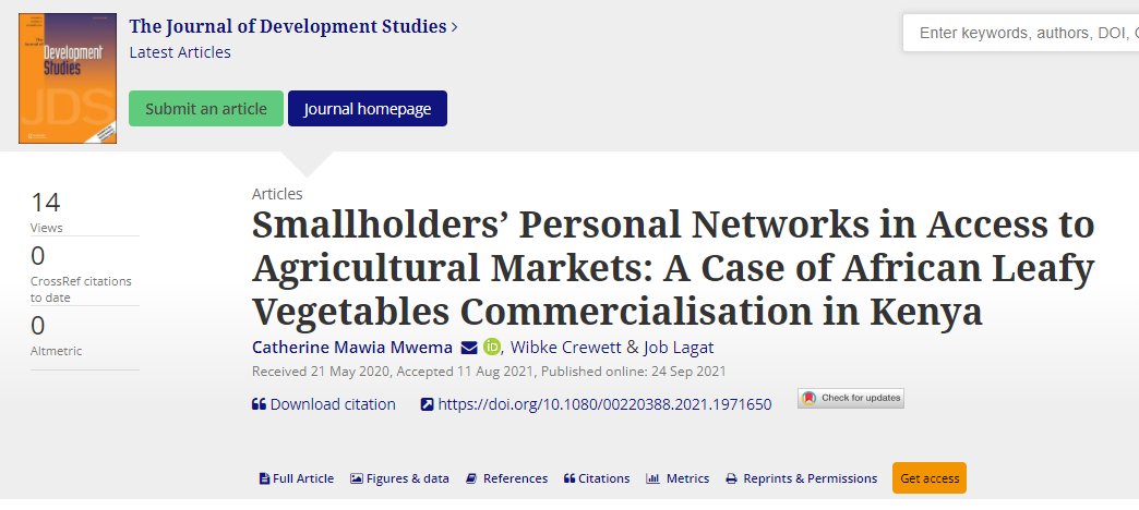 JDevStudies's tweet photo. New in #JDevStudies: @CathyMwema Crewett &amp; Lagat use bifocal approach to network analysis – #quant + #qual – to assess smallholders’ networks in leafy veg 🌱 markets in Kenya 🇰🇪 

@HumboldtUni @WorldFishCenter @egertonunikenya

https://t.co/mBBPAWIIuI https://t.co/YlEx504IJm