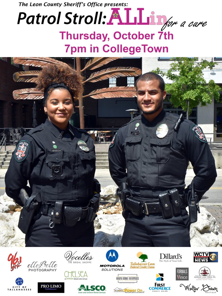 FAMUPD1's tweet photo. Come down to College Town at 7pm on Thursday, October 7th to see an epic law enforcement fashion show, featuring our very own FAMU Police Officers (Ortiz and Miller) in the 5th Annual Patrol Stroll. The event is FREE and open to the public.  

#PatrolStroll2021 #AllinforaCure https://t.co/mLH0ESvBuH