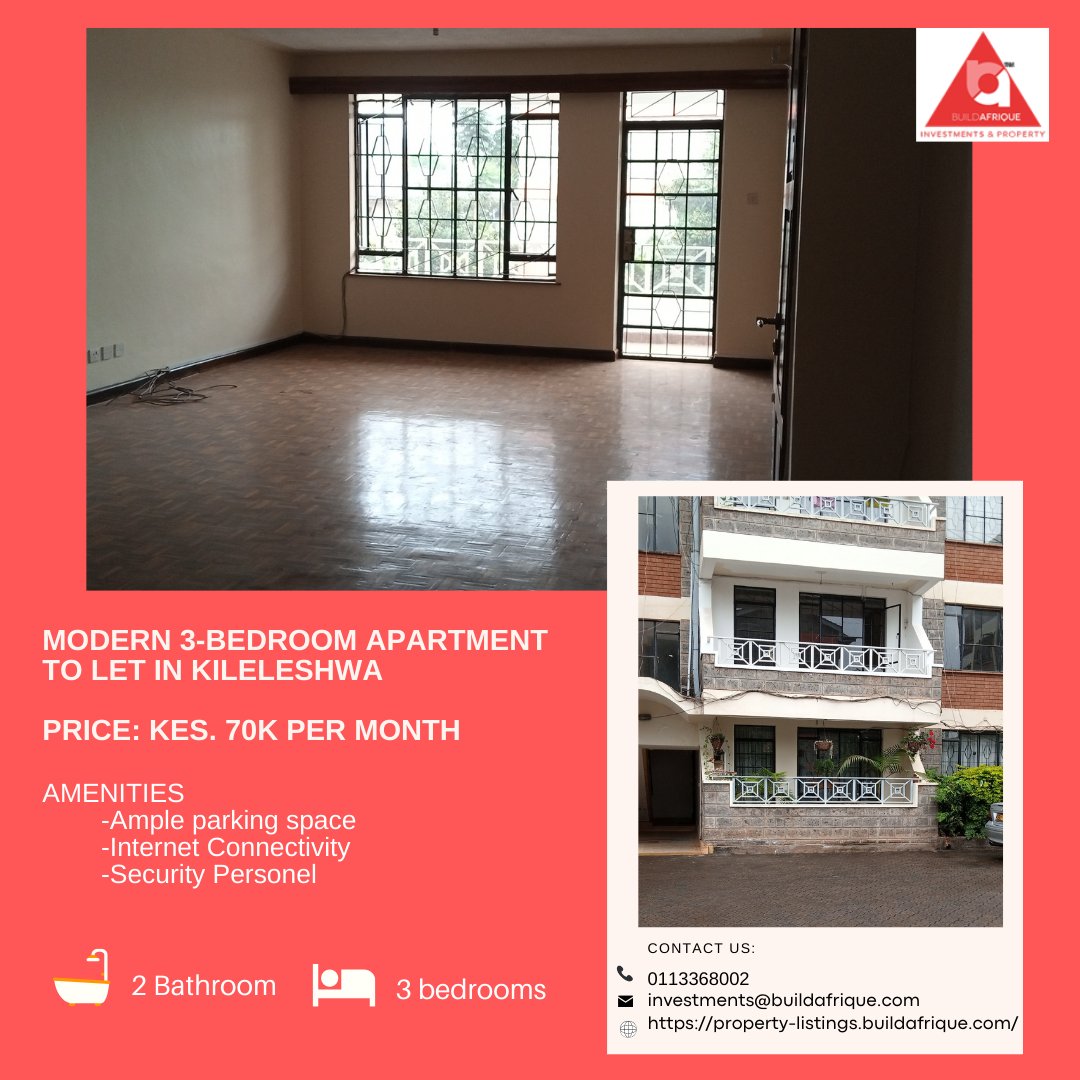Modern and Elegant 3-bedroom Apartments, To Let in Kandara Road, Kileleshwa.
Letting at:70K
 
Get in touch today and book a viewing!
Telephone No: 0113368002/0757340731
Email: investments@buildafrique.com

#buildafriqueinvestments&amp;propertyltd #propertytolet