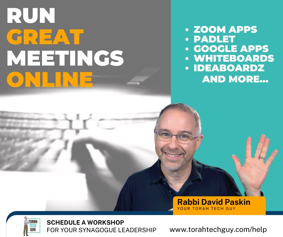 torahtechguy's tweet photo. The holidays are almost over and the board and team meetings will soon begin. Transform your online meetings and make them more participatory, more engaging, and more productive. Schedule a workshop with the Torah Tech Guy for your lay leadership to learn how. https://t.co/jH9LNGJERS