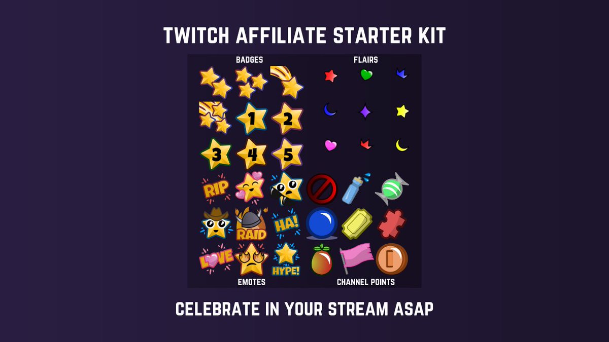 FatsackFails's tweet photo. 🌟 Twitch Affiliate Starter Kit https://t.co/CrWxo9S9Rp

Celebrate right away. Level up your chat. Hit those Sub Goals.

- Badges up to 5 years
- 30 Flairs
- 40+ Emotes
- 100+ Channel Point designs
- Source files + Hi-Res
- License to remix, and share designs (no credit needed) https://t.co/xSqB0yQDzj