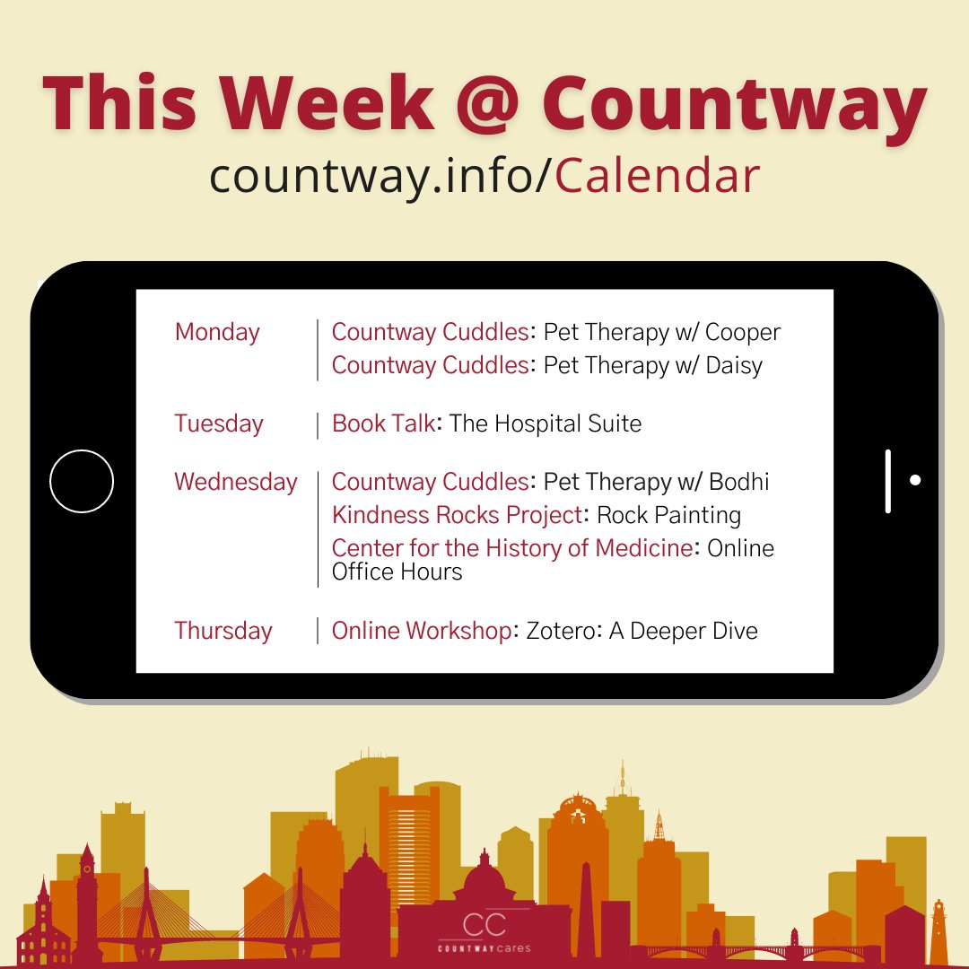 Countway Library (@hmscountway) on Twitter photo This Week @ Countway: Join us for a full roster of events: #CountwayCuddles, a #graphicmedicine book talk, #TheKindnessRocksProject, <a href="/HarvardHistMed/">HarvardHistMed</a> online office hours, & #Zotero! countway.info/Calendar #welcometoyourlibrary <a href="/HarvardMed/">Harvard Medical School</a> <a href="/HarvardChanSPH/">Harvard T.H. Chan School of Public Health</a> <a href="/HMSpostdoc/">HMS Postdoc Office</a> <a href="/Harvard/">Harvard University</a> This Week @ Countway: Join us for a full roster of events: #CountwayCuddles, a #graphicmedicine book talk, #TheKindnessRocksProject, <a href="/HarvardHistMed/">HarvardHistMed</a> online office hours, & #Zotero! countway.info/Calendar #welcometoyourlibrary <a href="/HarvardMed/">Harvard Medical School</a> <a href="/HarvardChanSPH/">Harvard T.H. Chan School of Public Health</a> <a href="/HMSpostdoc/">HMS Postdoc Office</a> <a href="/Harvard/">Harvard University</a>