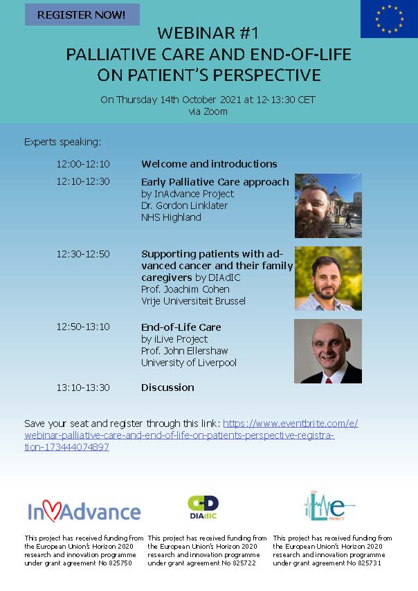 InAdvance_eu's tweet photo. Are you interested about #PalliativeCare research? We will hold webinar series starting on October 14th, @InAdvance_eu, @diadic_eu and @iLIVEProject1 will talk about palliative care and end-of-life from the patient’s perspective.
Register here: https://t.co/NQVoPdkXy6. https://t.co/jRmRht2yDC