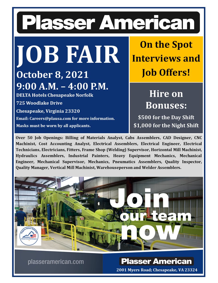 🎉 Join us at our upcoming Job Fair on Friday, October 8, 2021 from 9:00 a.m. to 4:00 p.m. at the DELTA Hotels Chesapeake Norfolk located at 725 Woodlake Drive; Chesapeake, Virginia 23320. 🎊

#PlasserAmerican #nowhiring #jobfair #virginiajobs #hamptonroadsva #chesapeakeva