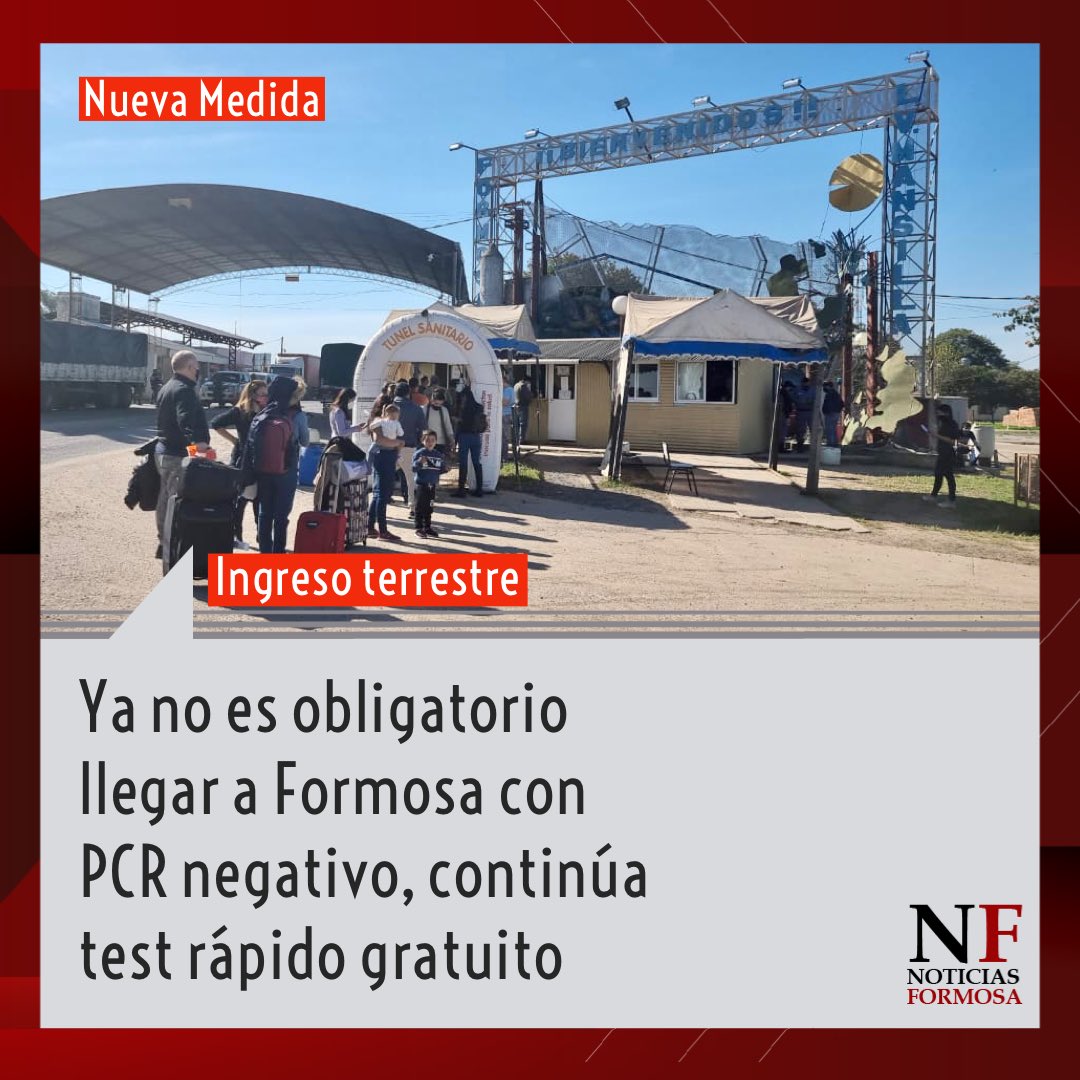 NoticiasFsaOk's tweet photo. 😷Para los ingresos vía terrestre no es obligatorio PCR negativo.👉Continúa realización de test rápido gratuito y posteriores hisopados de los 5 y 10. 👉IMPORTANTE: Hay que llegar “sí o sí” con declaración jurada (está en la web oficial del gobierno), preferentemente impresa. https://t.co/3zpeY58Ugj