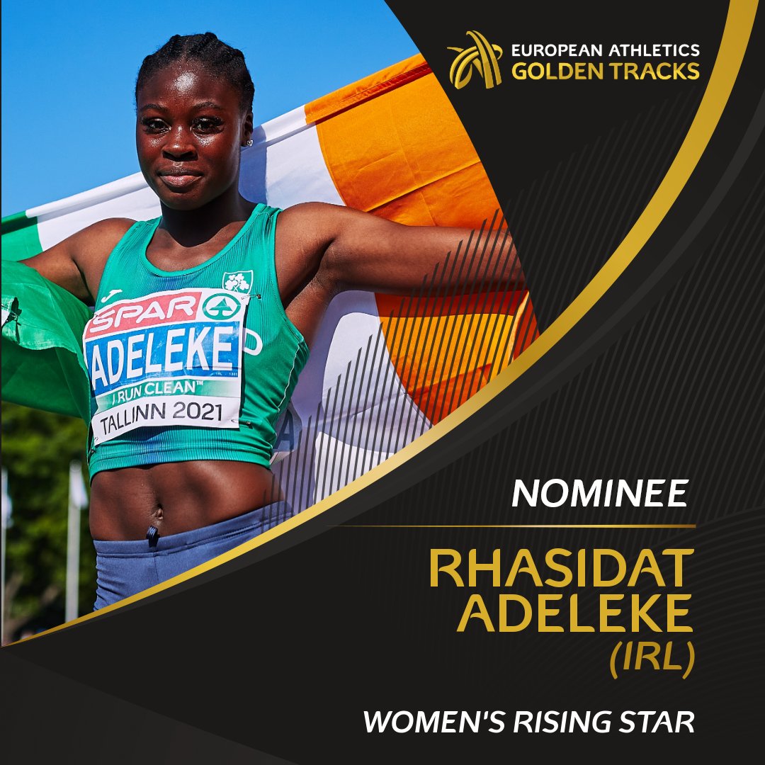 Retweet to vote for @rhasidatadeleke 🇮🇪 as your women's Rising Star! 🎂 19 🥇 European U20 100m champion 🥇 European U20 200m champion ⏱ European U20 leader at 100m (11.31) and 200m (22.90) Voting closes at midnight CET on 3 October. #GoldenTracks