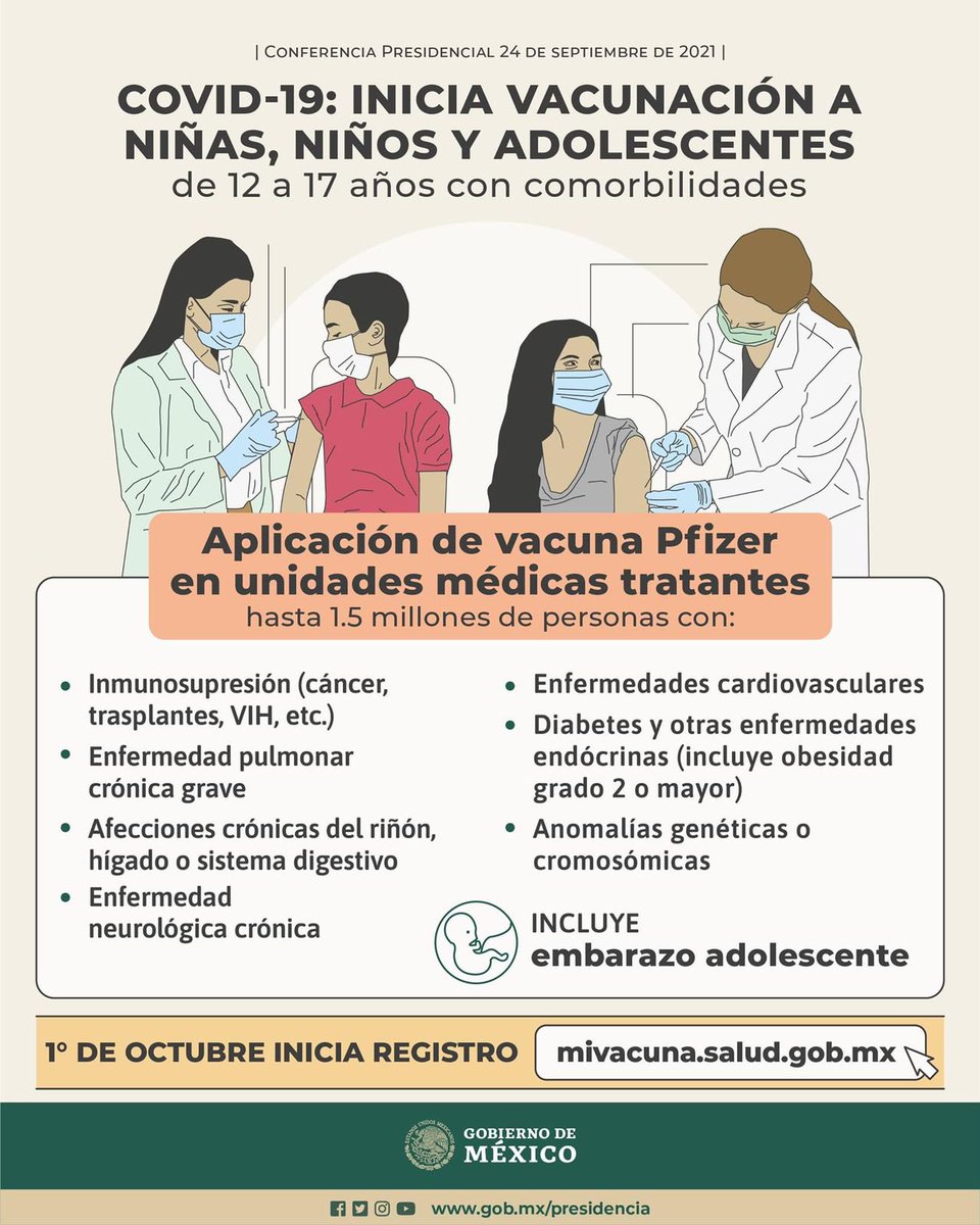 MaraLezama's tweet photo. El 1º de octubre inicia el registro para la aplicación de la vacuna contra #COVID19 a niñas, niños y adolescentes de 12 a 17 años con comorbilidades. 💉 

Se aplicará la vacuna #Pfizer a personas con distintas enfermedades y afecciones, establecidas en un listado… (1/2) https://t.co/dCniegojMn