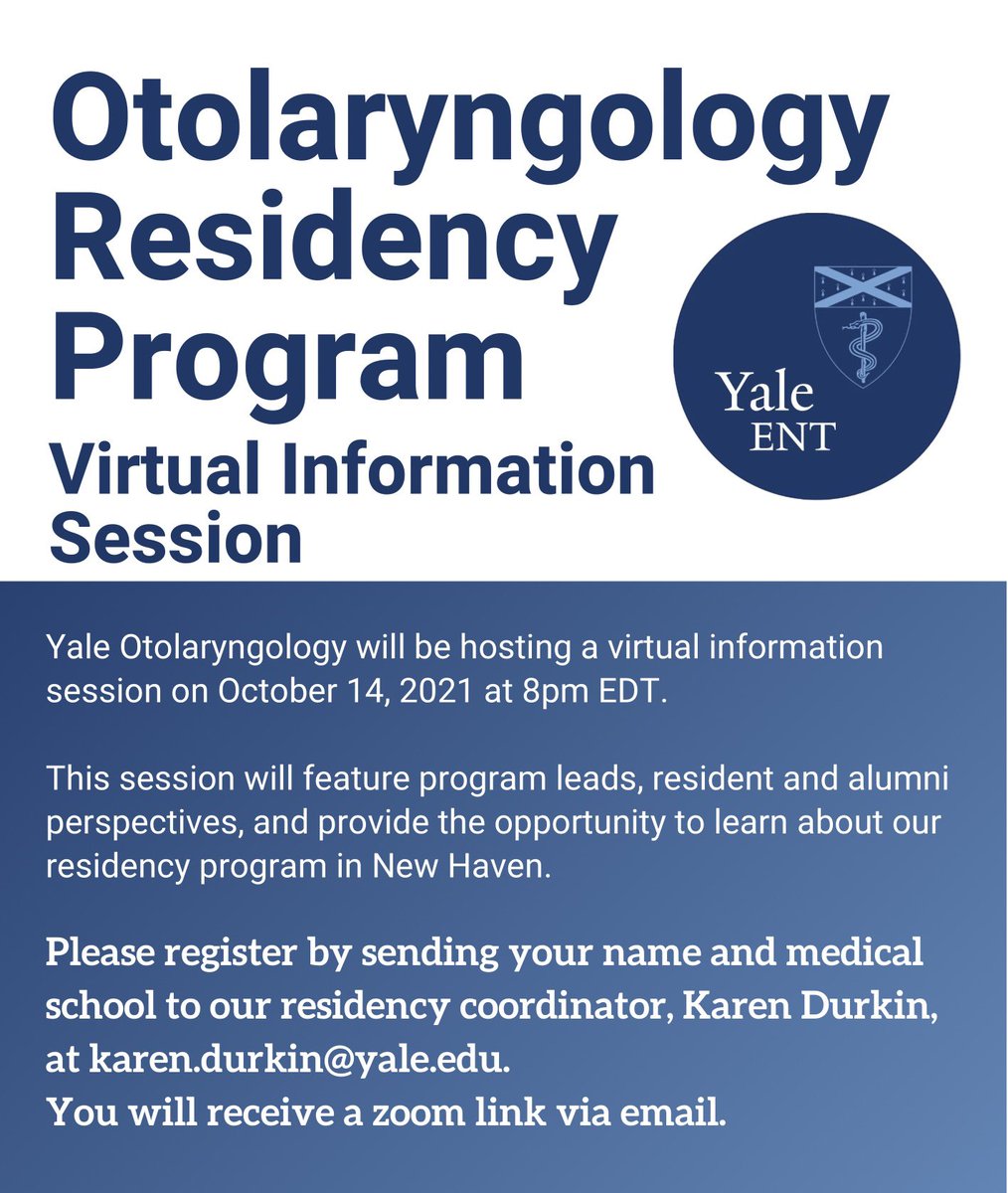 Yale ENT (@yale_ent) on Twitter photo Join us October 14th for a special Otolaryngology Residency Program virtual information session!
Email Karen.durkin@yale.edu for registration details! Join us October 14th for a special Otolaryngology Residency Program virtual information session!
Email Karen.durkin@yale.edu for registration details!