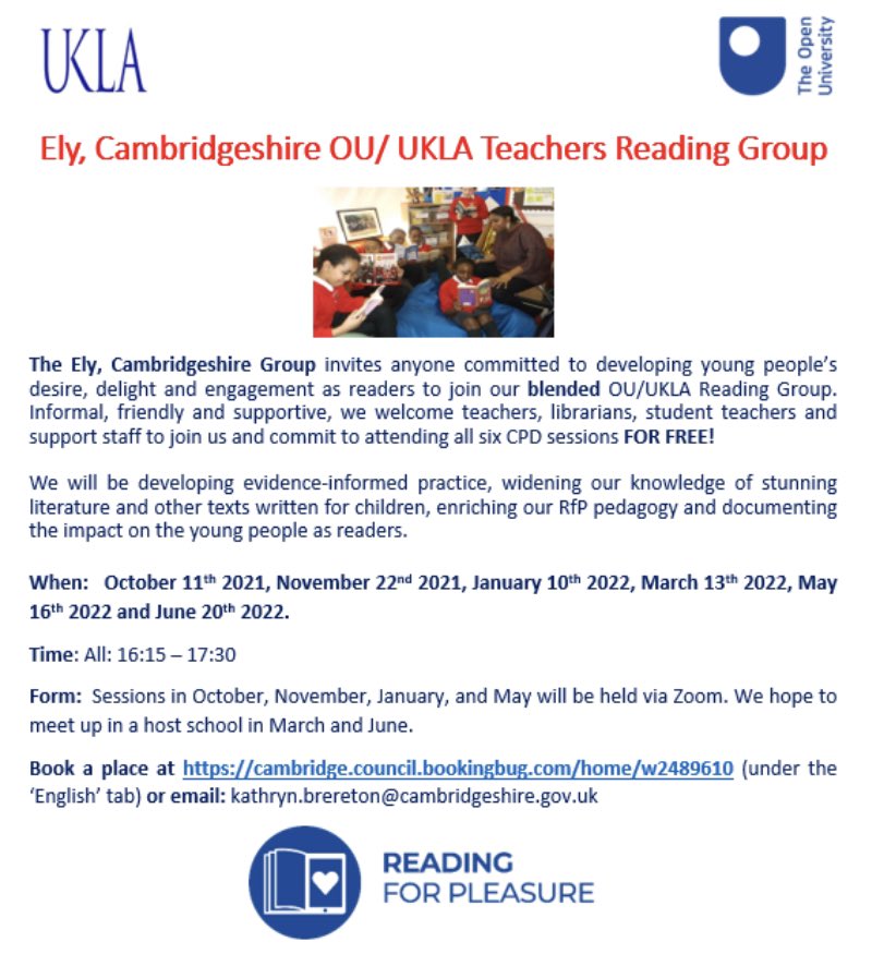 Cambs English Team (@cambsengteam) on Twitter photo Do you want to develop children’s pleasure in reading? Then join us on this FREE COURSE to enrich your knowledge and practice!
Book a place at cambridge.council.bookingbug.com/home/w2489610 (under the ‘English’ tab) or email: kathryn.brereton@cambridgeshire.gov.uk
#readingforpleasure #primaryenglish Do you want to develop children’s pleasure in reading? Then join us on this FREE COURSE to enrich your knowledge and practice!
Book a place at cambridge.council.bookingbug.com/home/w2489610 (under the ‘English’ tab) or email: kathryn.brereton@cambridgeshire.gov.uk
#readingforpleasure #primaryenglish