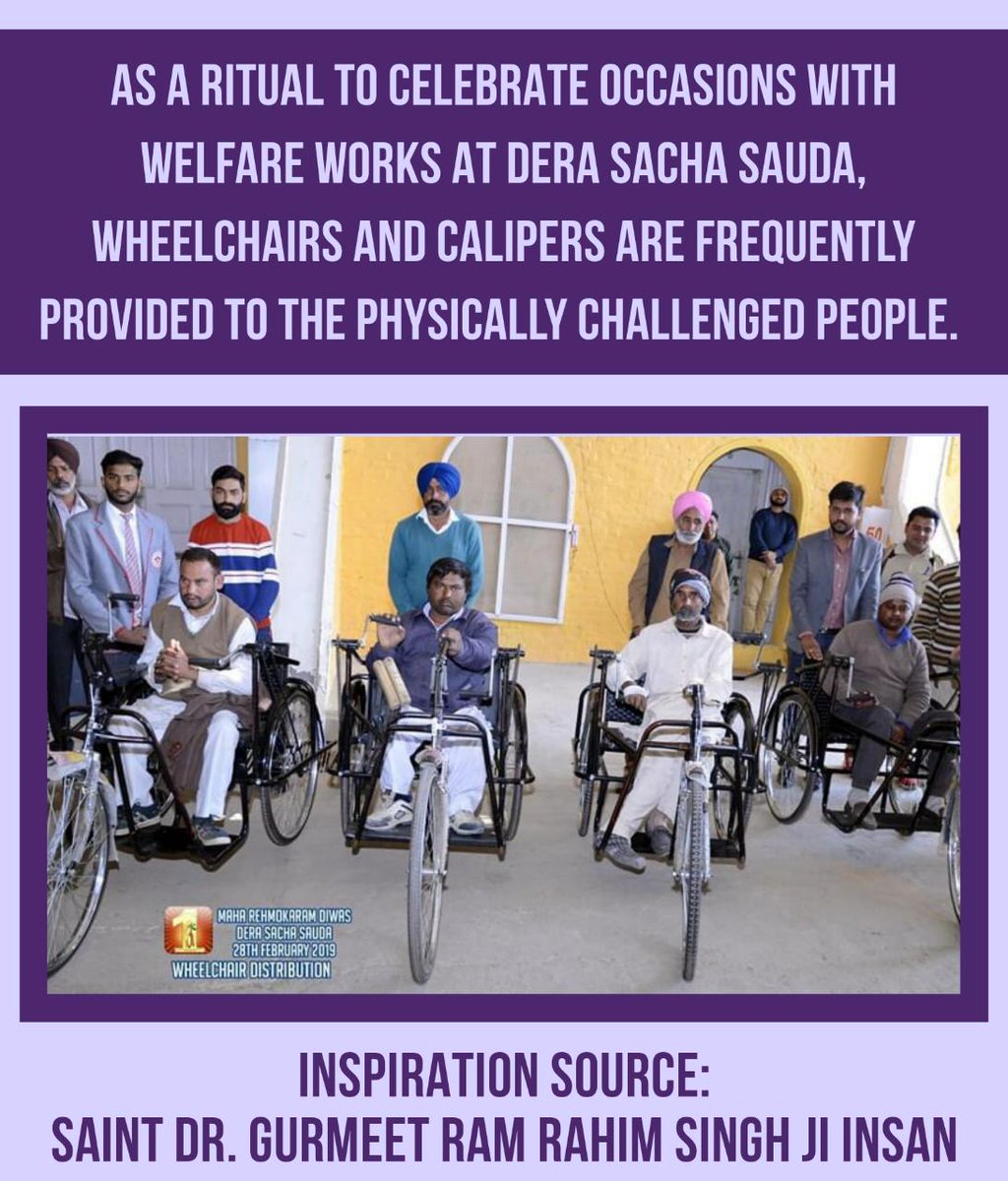 DeepakArora83's tweet image. #CompanionIndeed a great initiative started by Saint Dr. Gurmeet Ram Rahim Singh Ji Insan for #PhysicallyDisabled persons to avail wheelchairs, artificial parts etc. Free of cost every year at #DeraSachaSauda
#DifferentlyAbled 
#Humanity
#Welfare
#SaintDrMSG
#BabaRamRahim