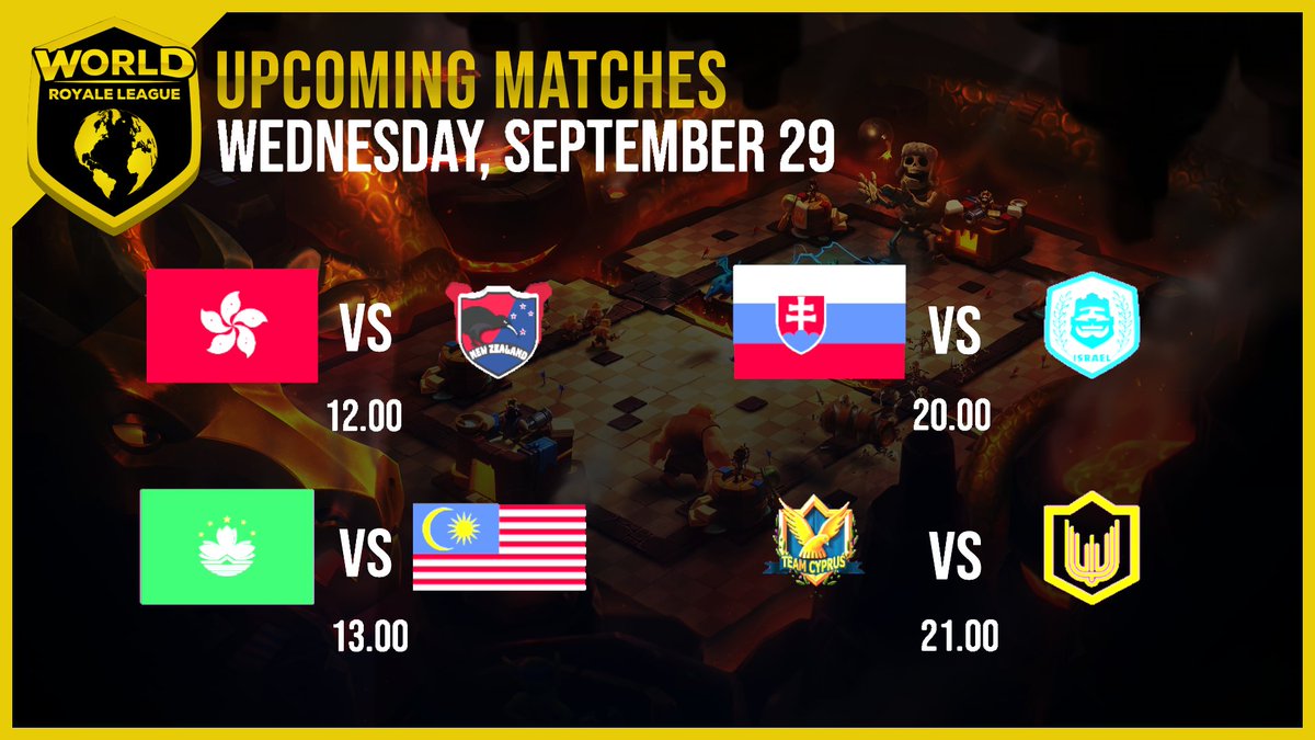 World Royale League (@worldleaguecr) on Twitter photo 📅Upcoming Matches Wednesday September 29
All Match Times in CEST
🕑12:00 🇭🇰 <a href="/HongKongCR/">Hong Kong CR Team</a> vs <a href="/NzClash/">Team ANZ</a>🇳🇿
🕑13:00 🇲🇴 <a href="/Eunha_CR/">IRyS</a> vs <a href="/MinShenqCR/">Min Shenq</a>🇲🇾
🕑20:00 🇸🇰 <a href="/cr_slovakia/">Slovak National Team</a> vs <a href="/TeamIsraelCR/">Team Israel CR</a>🇮🇱
🕑21:00 🇨🇾 <a href="/TeamCY_CR/">Team Cyprus</a> vs <a href="/TeamUkraineCR/">𝗧𝗘𝗔𝗠 𝗨𝗞𝗥𝗔𝗜𝗡𝗘</a>🇺🇦 📅Upcoming Matches Wednesday September 29
All Match Times in CEST
🕑12:00 🇭🇰 <a href="/HongKongCR/">Hong Kong CR Team</a> vs <a href="/NzClash/">Team ANZ</a>🇳🇿
🕑13:00 🇲🇴 <a href="/Eunha_CR/">IRyS</a> vs <a href="/MinShenqCR/">Min Shenq</a>🇲🇾
🕑20:00 🇸🇰 <a href="/cr_slovakia/">Slovak National Team</a> vs <a href="/TeamIsraelCR/">Team Israel CR</a>🇮🇱
🕑21:00 🇨🇾 <a href="/TeamCY_CR/">Team Cyprus</a> vs <a href="/TeamUkraineCR/">𝗧𝗘𝗔𝗠 𝗨𝗞𝗥𝗔𝗜𝗡𝗘</a>🇺🇦