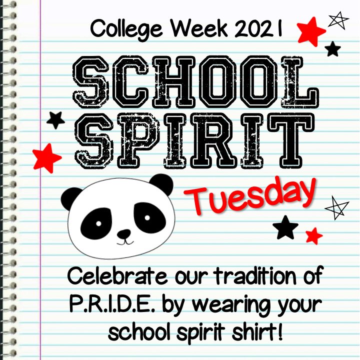 Show your school spirit and get involved for our second day of College Week 2021: Rush Tuesday! You can show your school spirit by wearing your favorite PHE shirt! #sdocgoodtogreat #phespandas