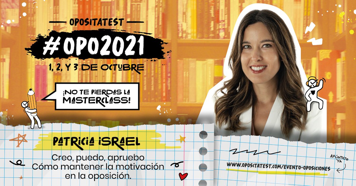 🔥 ¡<a href="/PatriciaIsMo/">Patricia Israel</a> también estará en #OPO2021! ¿Queréis conocer los detalles de su masterclass? 👇

En su ponencia, Patricia Israel os contará cómo mantener la motivación al máximo durante la #oposición. ¡No os la podéis perder!

[1/2]