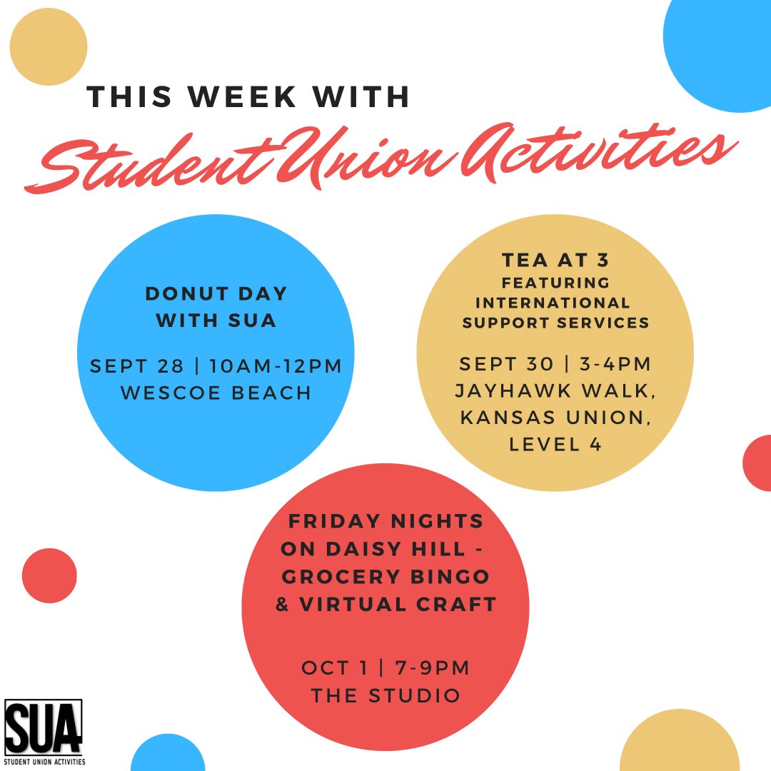 suaevents's tweet photo. Happy Monday Jayhawks!! We got great events for you this week!!! On Tuesday head on over to Wescoe beach for some free donuts! Then on Thursday join us and @ISSatKU for Tea at Three! Finished out the week with our monthly game of Grocery Bingo! https://t.co/JqqexjoqYm