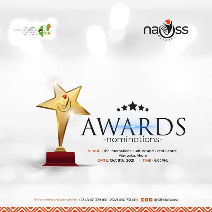 OfficialNaoss's tweet photo. NAOSS AWARDS 2021

1. Ondo State Student of the Year
This award is to recognise an Ondo  student that has shown exceptional excellence in...(thread)

NOMINATION &amp; VOTING PROCESS:
1.All nominations should be done on https://t.co/0unpt6Z09v
2. Voting will begin on Wed, 29th of Sept https://t.co/YJQdBOBzSU