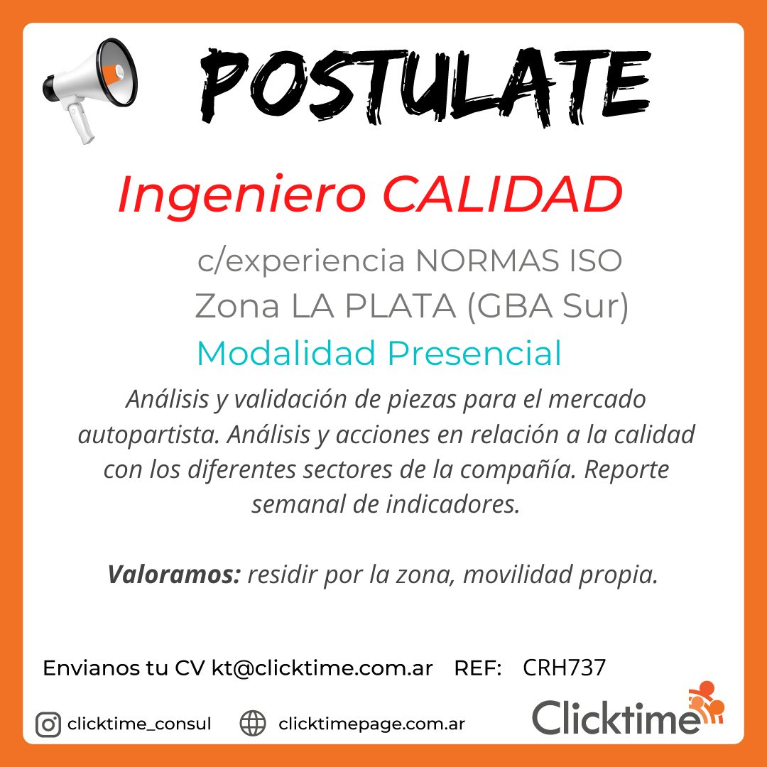 info_clicktime's tweet photo. ¡Hola! 
👉Seleccionamos Ingeniero de Calidad con experiencia en implementacion Normas ISO, para Industria Autopartista en la Ciudad de La Plata.
https://t.co/AdxO5Qzarm
Gracias por compartir!

#clicktime #RRHH #ofertaslaborales #postulate https://t.co/uSVyPx1PCT