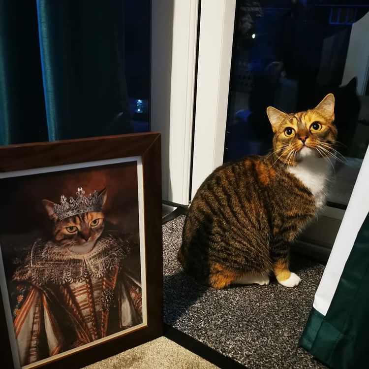 We love to see your #pets in our renaissance style #petportrait designs - especially in one of our most popular designs being the #queen custom vintage pet portrait.👑

Just like in this picture shared with us by one of our customers. How regal does Olive look right now!?🐱