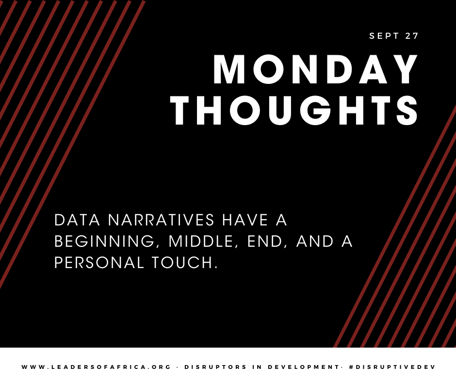 LeadersAfrica's tweet photo. #Data narratives have a beginning, middle, end, and a personal touch. When you display data, it is not just about macro-level #statistics. It is about comparison, illustrating change, and making the data relatable in a creative way.
#MondayThoughts #DisruptiveDev https://t.co/gU8SWkhZly