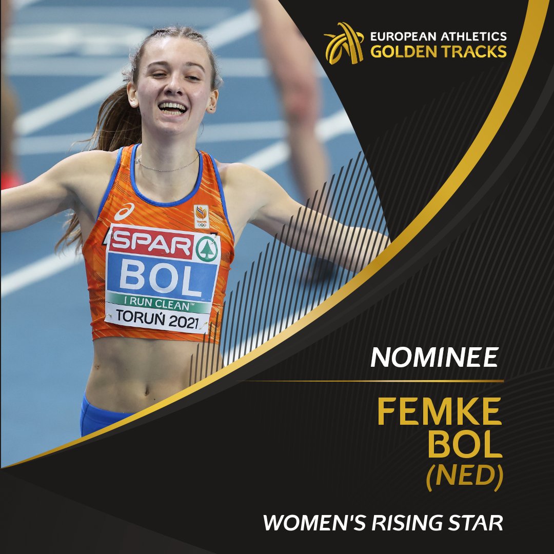 Retweet to vote for Femke Bol 🇳🇱 as your women's Rising Star!

🎂 21
🥇 European indoor 400m, 4x400m champion
🥉 Olympic 400m hurdles bronze medallist
🏆 Diamond League champion
⏱ European 400m hurdles record of 52.03

Voting closes at midnight CET on 3 October.

#GoldenTracks