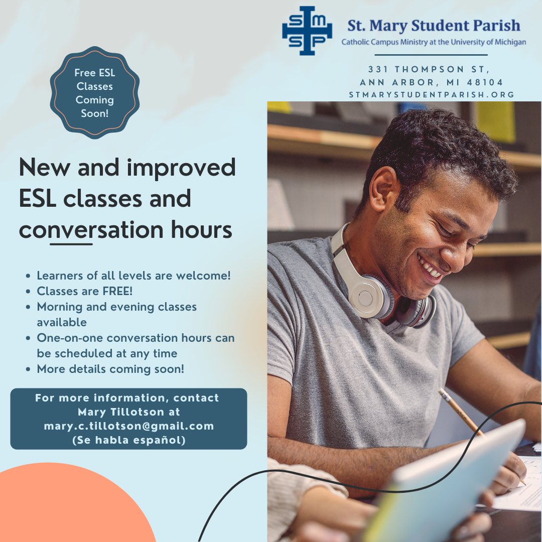 SMSPumich's tweet photo. English as a Second Language (ESL) Tutors Training Are you interested in helping others learn and practice English? 
For more information or to register, email Ellie efalahee@umich.edu or Mary Tillotson mary.c.tillotson@gmail.com https://t.co/dK7nzASFpM