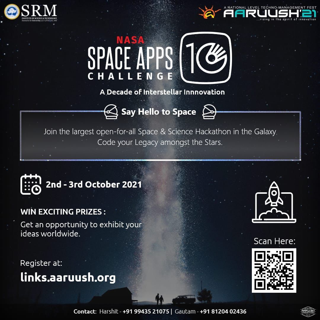 sidcaastic's tweet photo. LAST FEW DAYS LEFT❗
Launch your journey to glory by joining the Space Apps Community. As this powerhouse of innovation draws nearer, SIGN UP &amp; REGISTER NOW for NASA Space Apps Challenge at https://t.co/ZHBwEnUpFI 

#NASA #Aaruush #SRMIST #Tech #ArtificialIntelligence #SpaceApps https://t.co/xcbvegpGRu