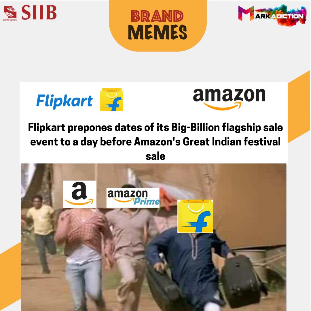 Markadiction1's tweet photo. The #war of brands is an intriguing phenomenon! And what could be fascinating than giant e-retailers like @Flipkart and @amazon leaving no stone unturned to earn brownies from the upcoming 'The Perfect Tyohaar' season of India!
#MEMES #MemeMonday #Markadiction #SIIB https://t.co/f6FMyDNplU
