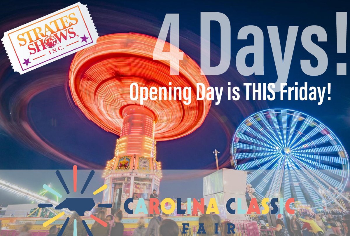stratesshows's tweet photo. 4 Days until the Carolina Classic Fair. Save on weekday &amp; weekend ride wristbands &amp; vouchers now at https://t.co/0vn7HQCgrT #SecondToNonein2021 @cclassicfair #CarolinaClassicFair https://t.co/c3qMeDBZLq