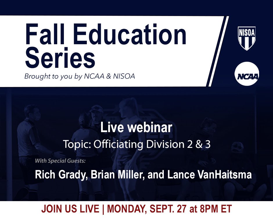 nisoadotcom's tweet photo. Tune in tonight for the second installment of our Fall Education Series with @NCAASoccer! 

Check your email for the link to register https://t.co/gR0V1j4PzX
