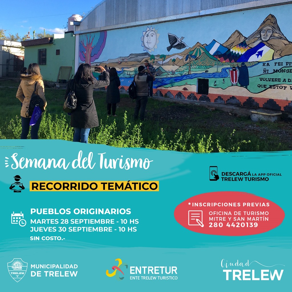 ciudad_trelew's tweet photo. En la #SemanaDelTurismo, disfrutá de la ciudad a través de un recorrido temático sobre #PueblosOriginarios.  

🚶Salidas: martes 28 y jueves 30 de septiembre, 10 AM.

Actividad gratuita con inscripción previa:
📌 Mitre esquina San Martín.
📞280 4420139

#TrelewTeEspera https://t.co/Mh96GikHVK