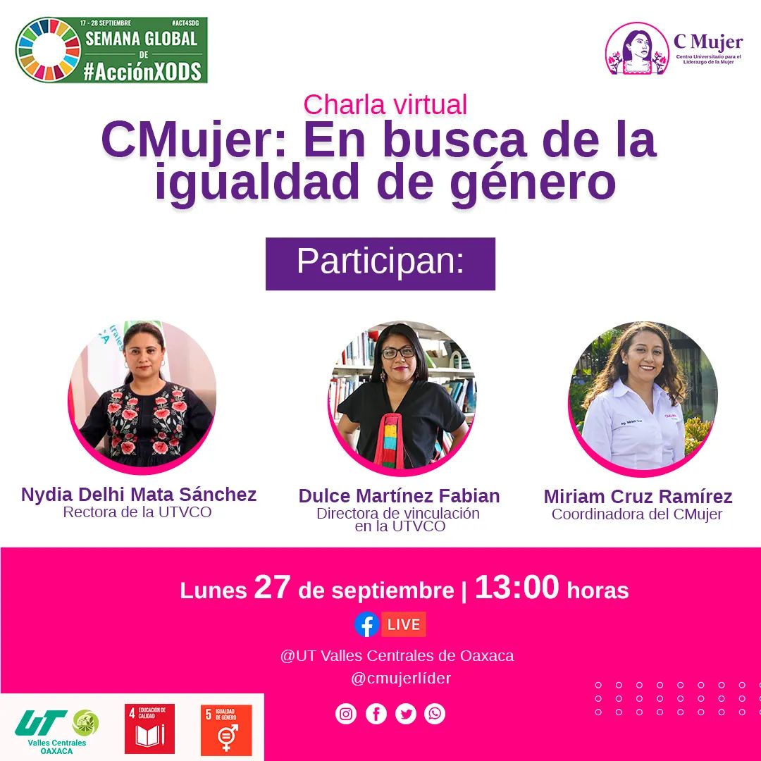 CMujerLider's tweet photo. 📣📣¡Conoce más del #CMujer!
Te invitamos a la transmisión de la charla virtual "CMujer: En busca de la igualdad de género", en el marco de la semana global de #AcciónXODS
¡ HOY!
📆Lunes 27 de septiembre
⏰13:00 Horas
💻Facebook live: @CMUJERLÍDER @utvco
#2030Agenda https://t.co/tr3d2ExoDv