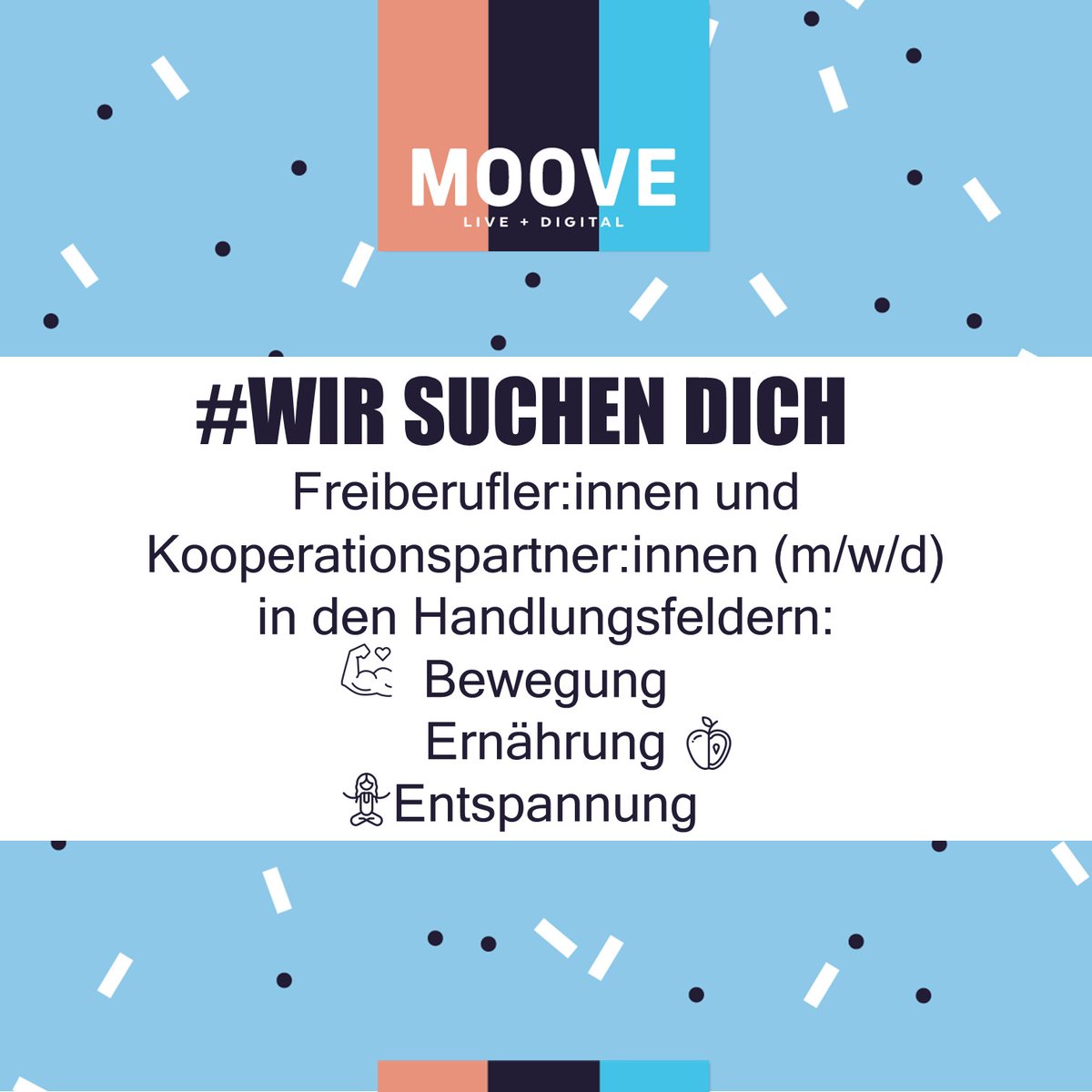 #Wegbegleiter gesucht!
Zur Unterstützung unserer Projekte und Aktionen suchen wir qualifizierte, verlässliche und selbstständige Partner:innen für die bundesweite #Umsetzung von #BGF-Maßnahmen.
Mehr auf:
my-moove.de/jobs
#Job #BGM #GesundeArbeit #Kooperation #MOOVEGmbH