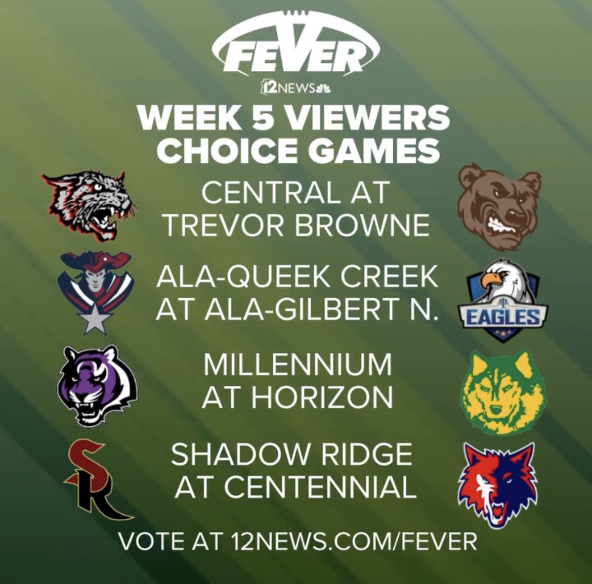 Time to vote for ALA Queen Creek to be featured on <a href="/12News/">12 News</a> Friday Night Fever! Vote at 12NEWS.com/FEVER. Please vote now! <a href="/MarkMcClune/">Mark McClune</a> <a href="/CamCox12/">Cameron Cox</a> <a href="/LWashingtonTV/">Lina Washington</a> <a href="/TyDetmer14/">Ty Detmer</a> <a href="/mxrd15/">Max Hall</a> <a href="/PatriotsDC/">James Verenski</a>