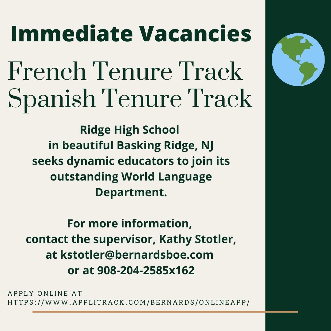 MadameFiorilli's tweet photo. Job opportunities!  Tenure track is a great district!!
Looking for a French teacher
AND a Spanish teacher! https://t.co/fZxIbVE26e