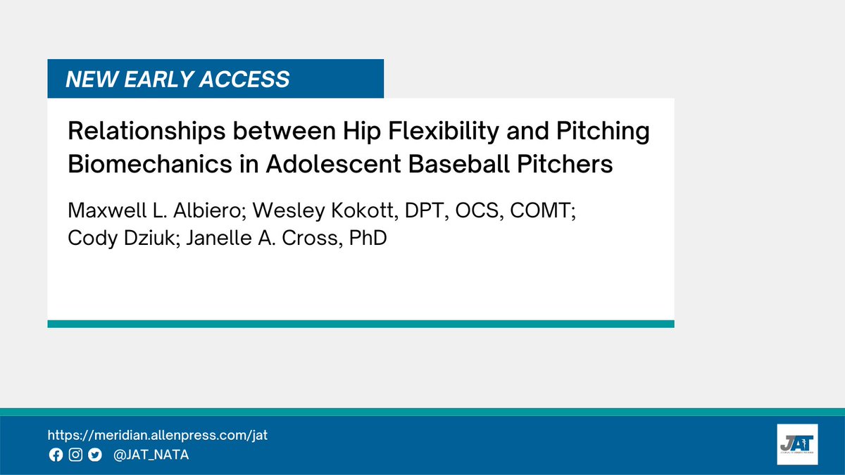 JAT_NATA's tweet photo. New early access from Maxwell L. Albiero and colleagues:

Relationships between Hip Flexibility and Pitching Biomechanics in Adolescent Baseball Pitchers

Link: https://t.co/cugQqUpaK3 https://t.co/BQrULofZ6J