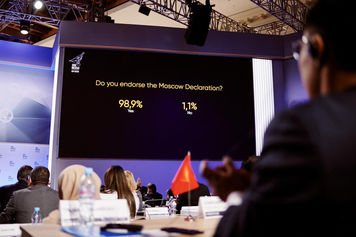 Incosai2019's tweet photo. This is how the Plenary Session on the #discussion and approval of the #MoscowDeclaration was held.
#INTOSAI #SAI #Howitwas https://t.co/WlicJMjYCQ