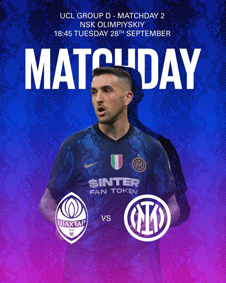 Inter's tweet image. 💥 | MATCHDAY 

⚽ #ShakhtarInter
🏆 @ChampionsLeague 
⏰ 18:45 CEST
🏟️ NSC Olimpiyskiy

#FORZAINTER ⚫🔵 #UCL