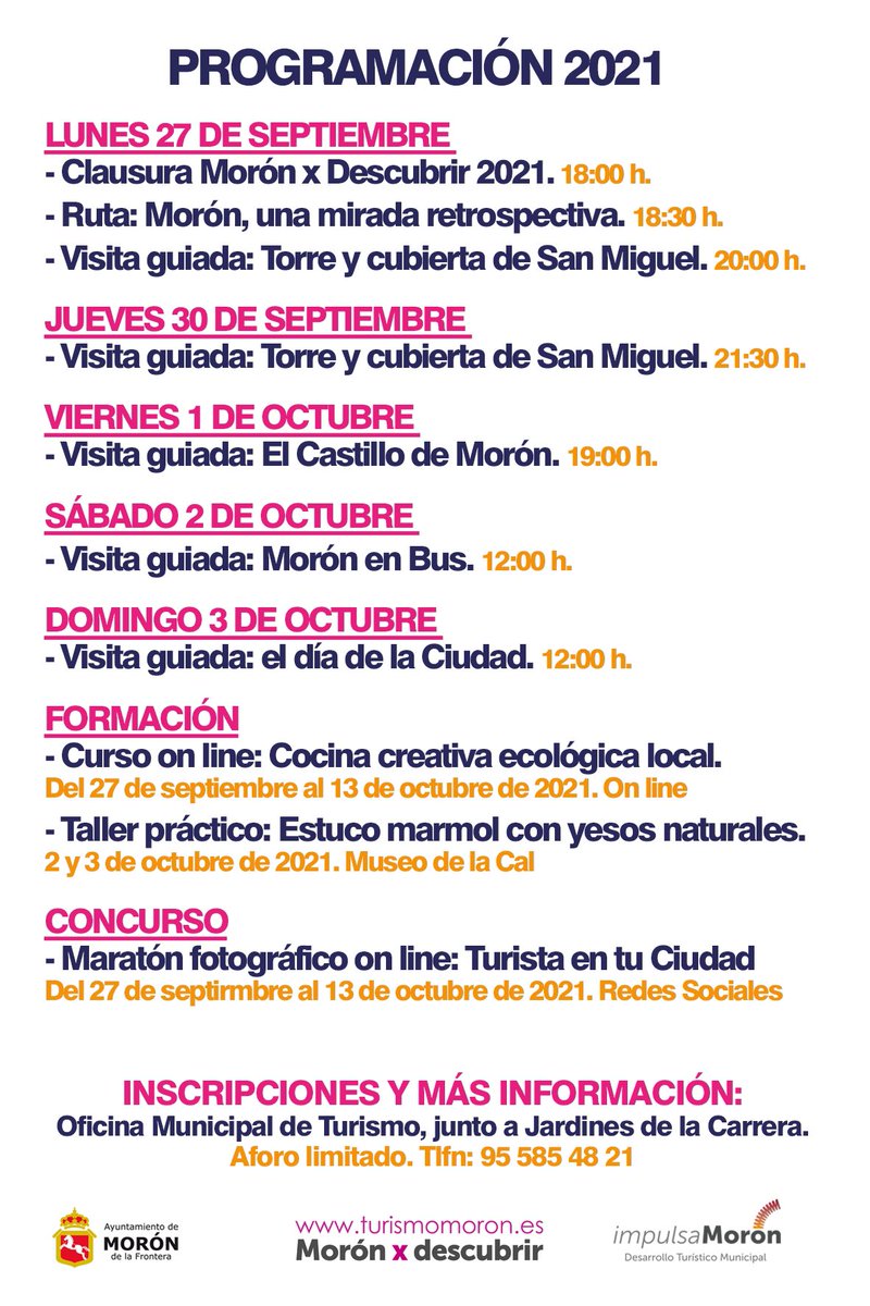 Hoy lunes 27 de Septiembre de 2021, se celebra el día mundial del turismo y la Delegación de Turismo del Ayto. de Morón vuelve a unirse a esta celebración con una amplia programación de actividades
<a href="/Sevilla_Turismo/">Turismo Provincia Sevilla</a> <a href="/TurismoAndaluz/">Turismo Andalucía</a> <a href="/TurismoAND/">Consejería de Turismo y Andalucía Exterior</a> 
#DelegacióndeCulturayTurismo