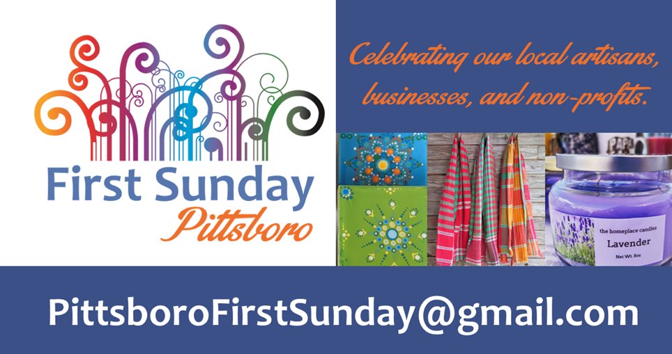 First Sunday is on for October 3.  We'll see you this weekend in downtown Pittsboro, 12-4 pm!