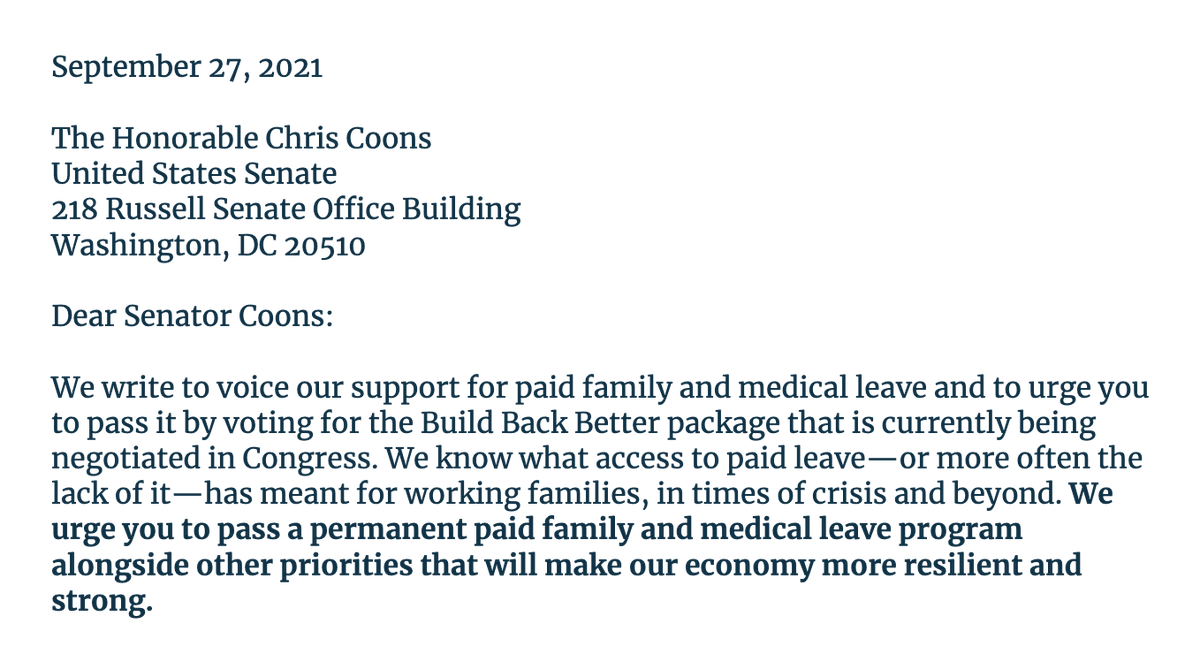 delawarecares's tweet photo. Today, 45 Delaware health, business, faith, and community organizations are sending a letter to @SenatorCarper, @ChrisCoons and @RepLBR urging them to pass a permanent paid family and medical leave program in the budget package.

Delawareans agree: it's time for #PaidLeaveForAll. https://t.co/xsNlOAwa4u
