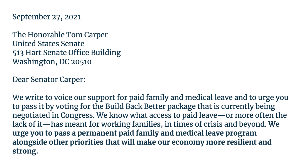 delawarecares's tweet photo. Today, 45 Delaware health, business, faith, and community organizations are sending a letter to @SenatorCarper, @ChrisCoons and @RepLBR urging them to pass a permanent paid family and medical leave program in the budget package.

Delawareans agree: it's time for #PaidLeaveForAll. https://t.co/xsNlOAwa4u