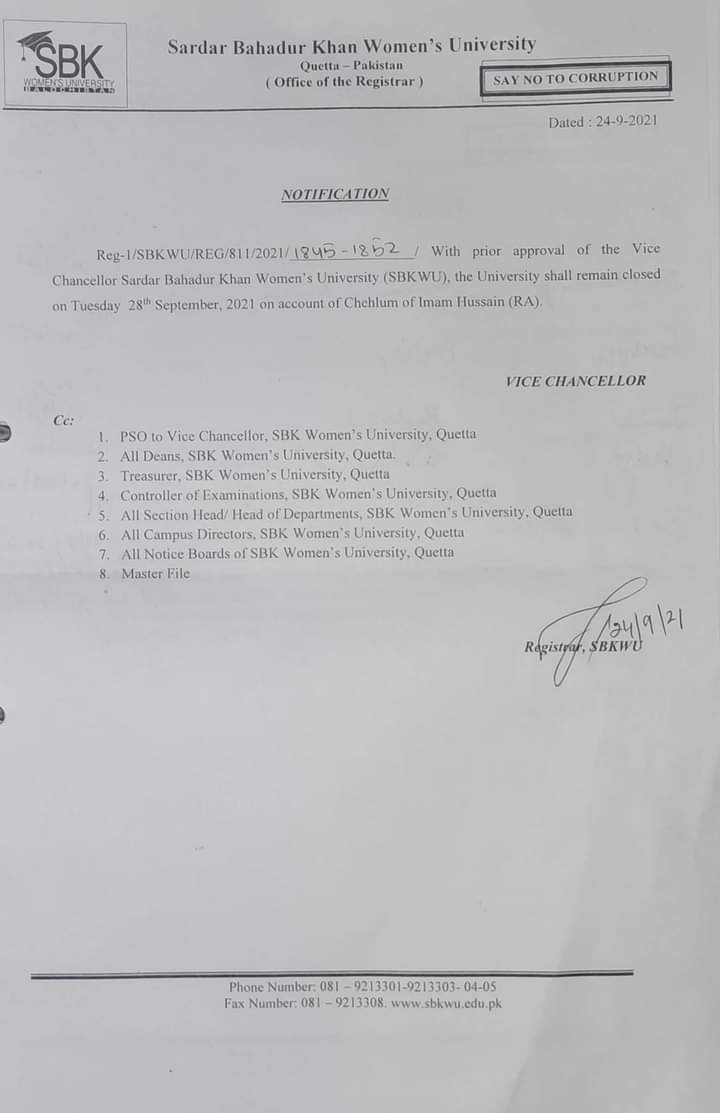 #SBKWU University wll Remain closed on Tuesday, 28th September 2021 on account of Chehlum of Hazrat Imam Hussain (R.A)
#Quetta