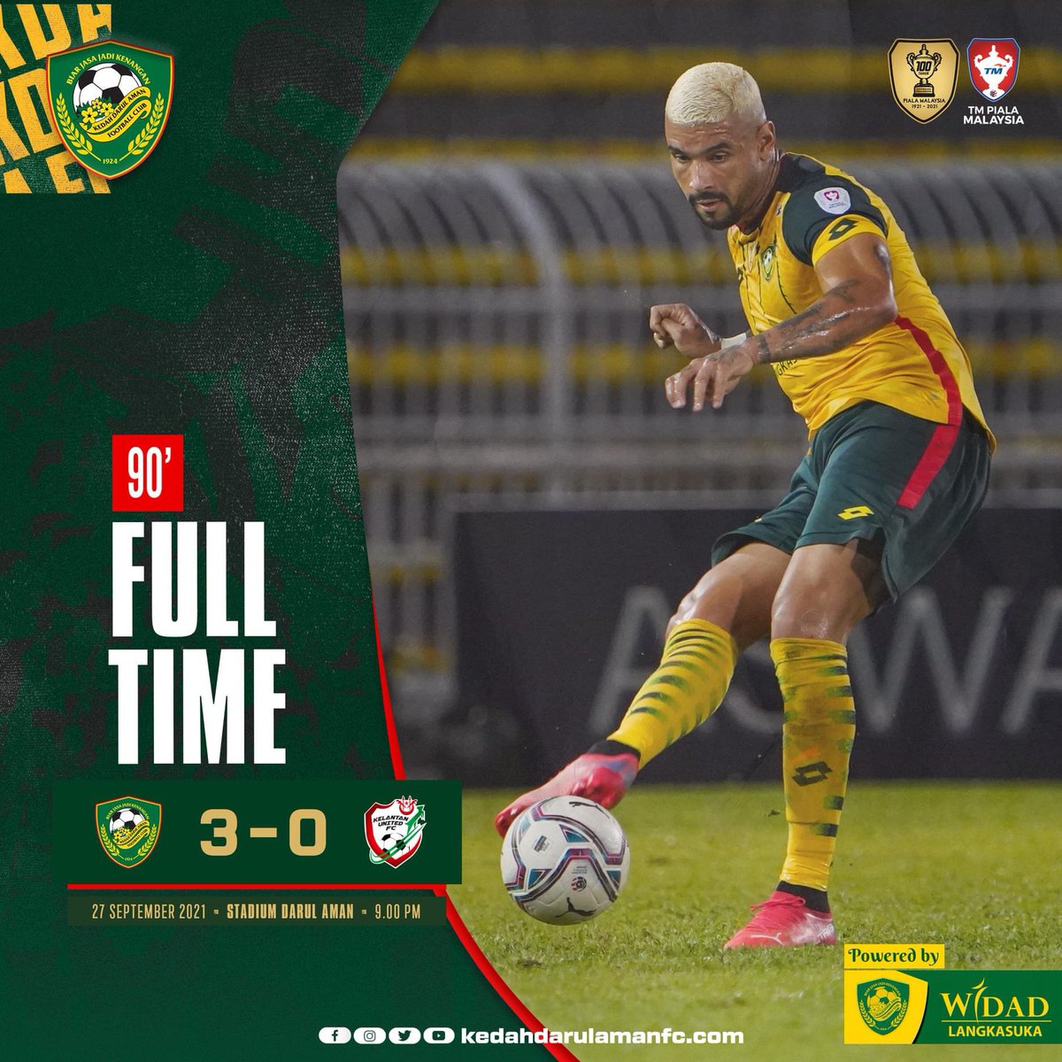 kda_fc's tweet photo. KEPUTUSAN PERLAWANAN:
KDA FC 3-0 KELANTAN UTD FC
β½ 14β Syazwan Zainon (KDA)
β½ 45+2β Tchetche Kipre (KDA)
β½ 58β Syazwan Zainon (KDA)
Alhamdulillah, kemenangan pertama diraih pada malam ini. 3 mata, 3 gol tanpa bolos!
#KDAFC
#DemiHijauKuning
#PulunKedahPulun
#KDAKLU https://t.co/gFHBzTGP2a