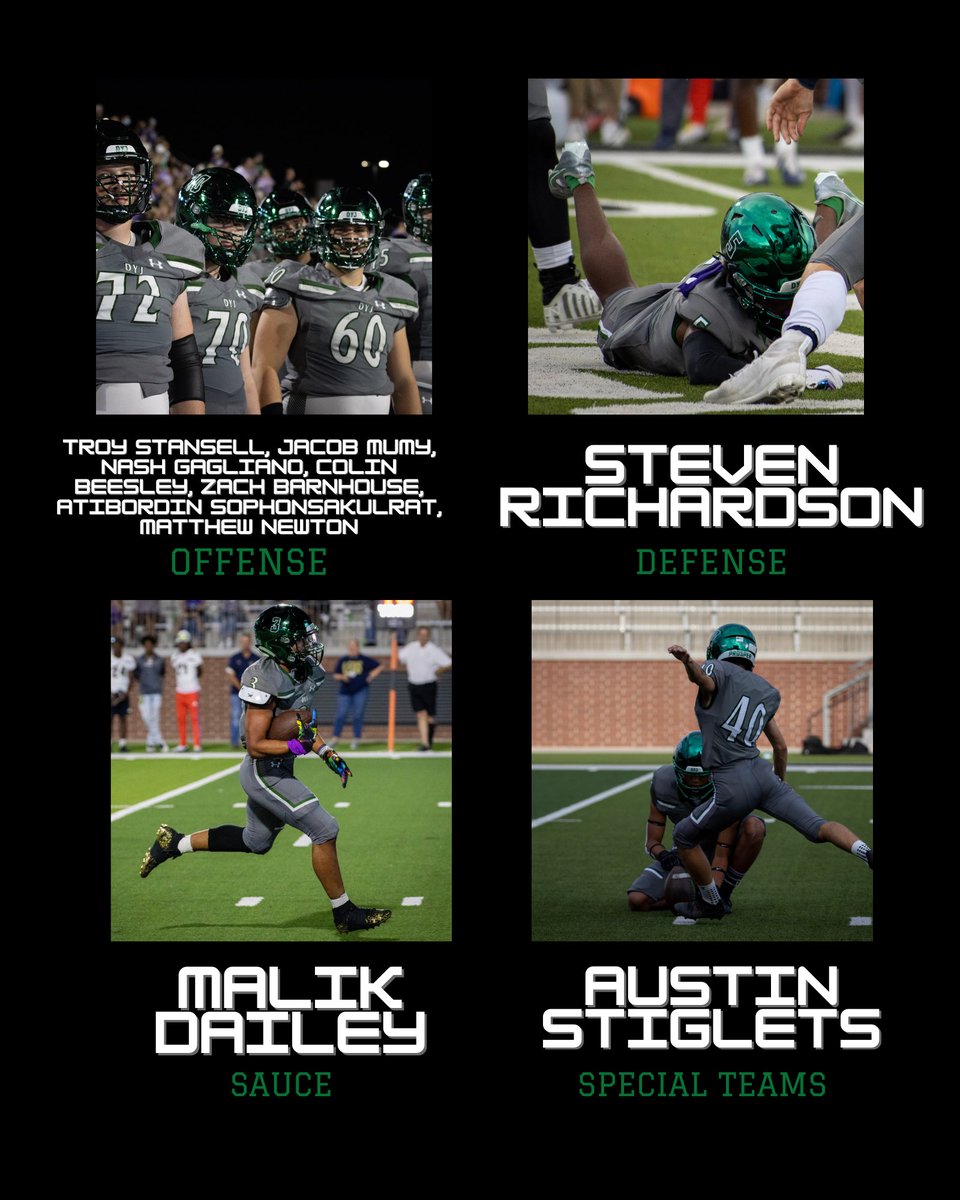 ProsperEaglesFB's tweet photo. Congratulations to our Players of the Week.

🦅Offense: @StansellTroy @JacobMumy @colinbeesley_73 @BarnhouseZach @ASophonsakulrat @FiggySmalls67 
🦅Defense: Steven Richardson 
🦅Special Teams: Austin Stiglets 
🥫: @malik_dailey21 

#DYJ #OffTheRails #BringTheSauce 
📸@_neenasidhu https://t.co/sb4ZaYrDmZ