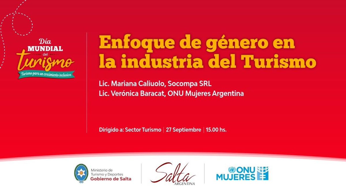 VBaracat's tweet photo. 🎯🎯 *Enfoque de género en la Industria del Turismo Conferencia*

👤👤 *A cargo:* Lic. Mariana Coliuolo de Socompa SRL, empresa salteña comprometida con la inclusión de género en su gestión, y Lic. Verónica Baracat de ONU Mujeres quienes dialogarán sobre la importancia de la… https://t.co/4ufzJMJpnH